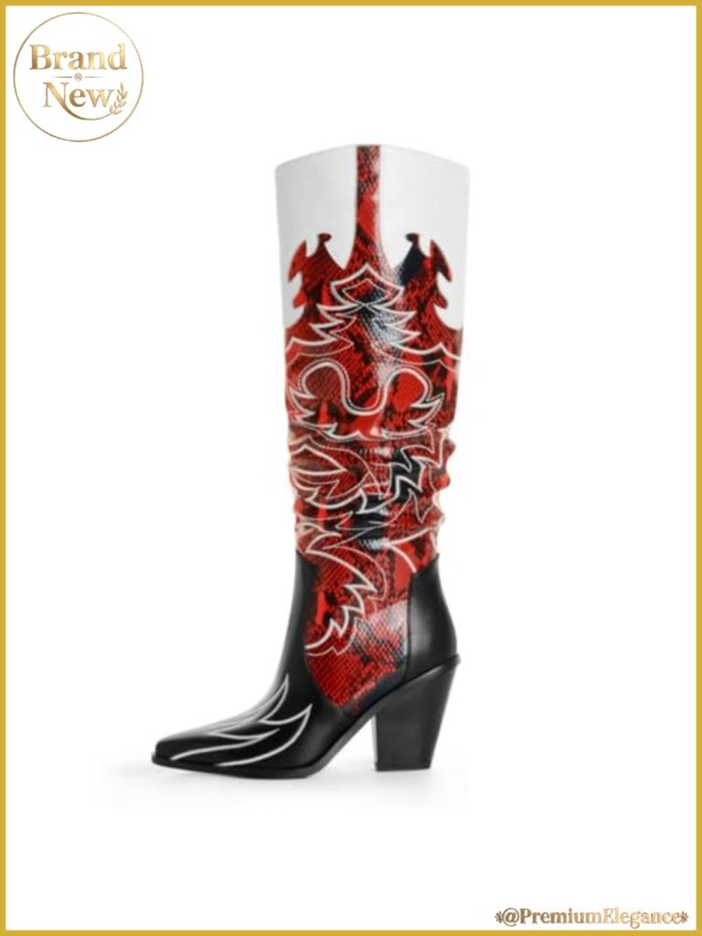 Womens Cowgirl Boots Knee High Embroidered Faux Leather Chunky Heel Western